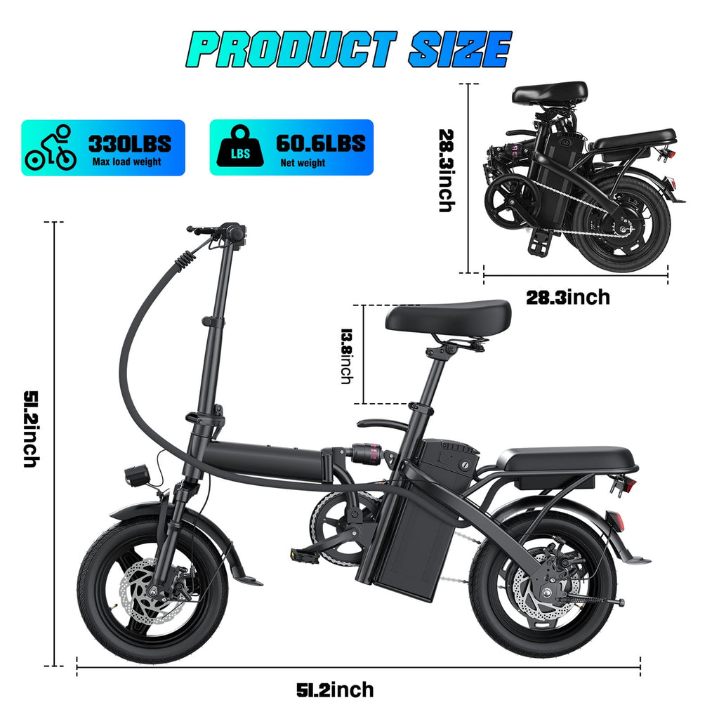 14 Inch Folding Electric Bicycle, 400W Adult Electric Bicycle, 48V 10.4Ah,Top Speed 19.9 Mph, Dual Disc Brake Safety System, 3-Speed Riding, Front Fork With Shock Absorption, Black