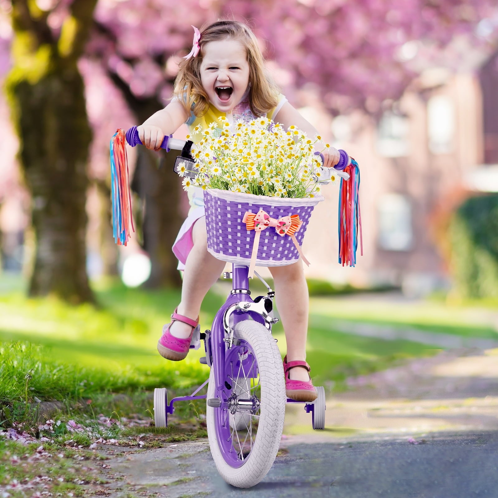 XJD Girls Bike for Toddlers 3-9 Years Old Kids, 14 Inch Kids Bike with Training Wheels, Streamers, Basket and Doll Seat, Children Bicycles with Handbrake