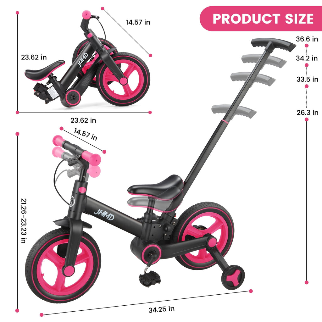 JMMD Toddler Bike with Push Handle for Kid 18-60 Months, 6 in 1 Foldable Tricycle with Training Wheel, Pedals, Kid Balance Bike for Boy & Girl, Black