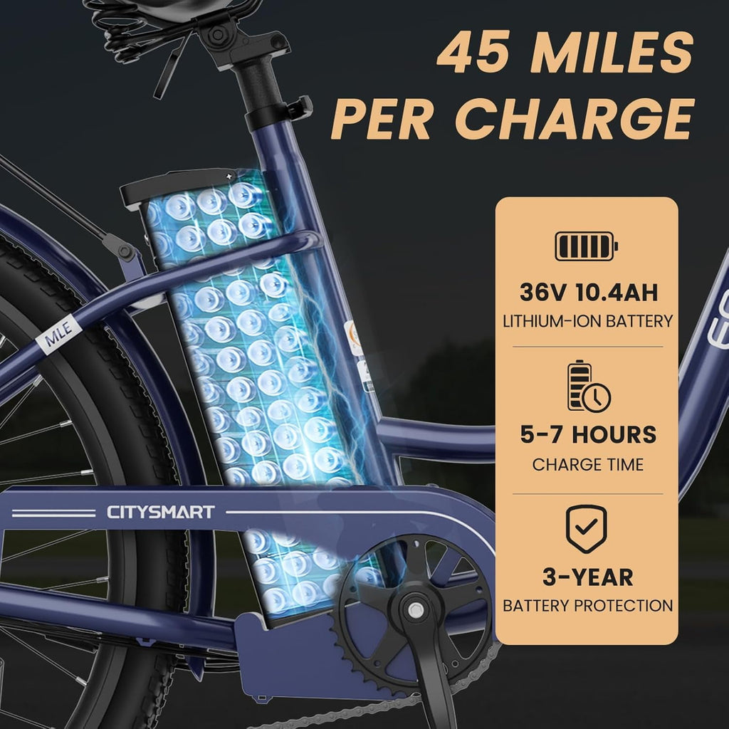 MOONCOOL Electric Bicycle for Adults 350W , 7-Speed Ebike with 36V 10.4Ah Removable Battery， 40 Miles Range , 20 mph Electric Commuter Bike for Women Men