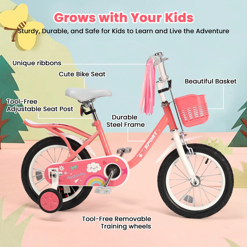 Naipo 12 Inch Kids Bike Boys Girls, Kid's Bikes with Training Wheels, Children Bicycle for Kids and Toddler Gift, Pink