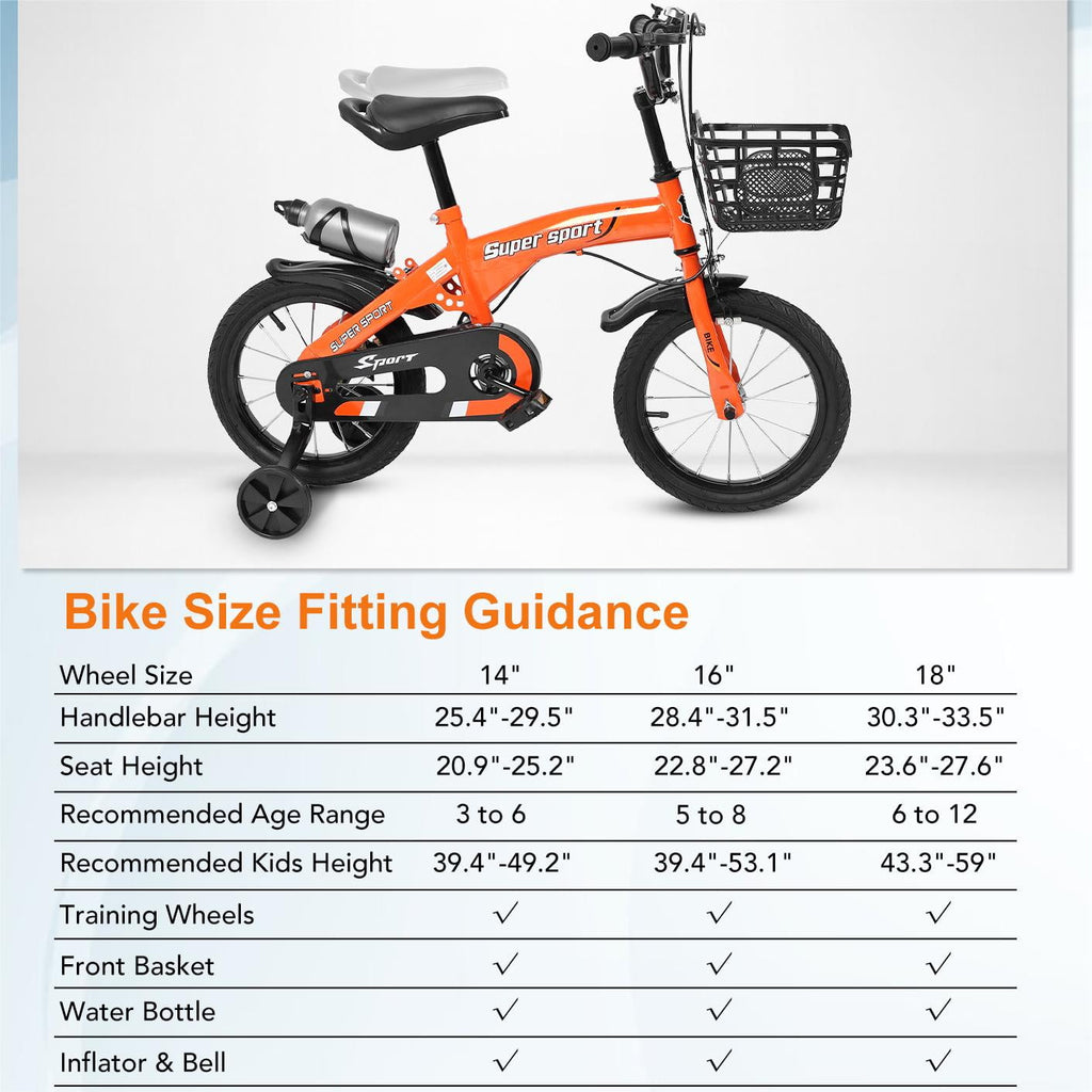 16 Kids Bike with Training Wheels, Height Adjustable Kid's Bicycle with Basket/Water Bottle/Inflator/Bell, Gifts for Girls Boys Toddlers Kids 3-8 YO