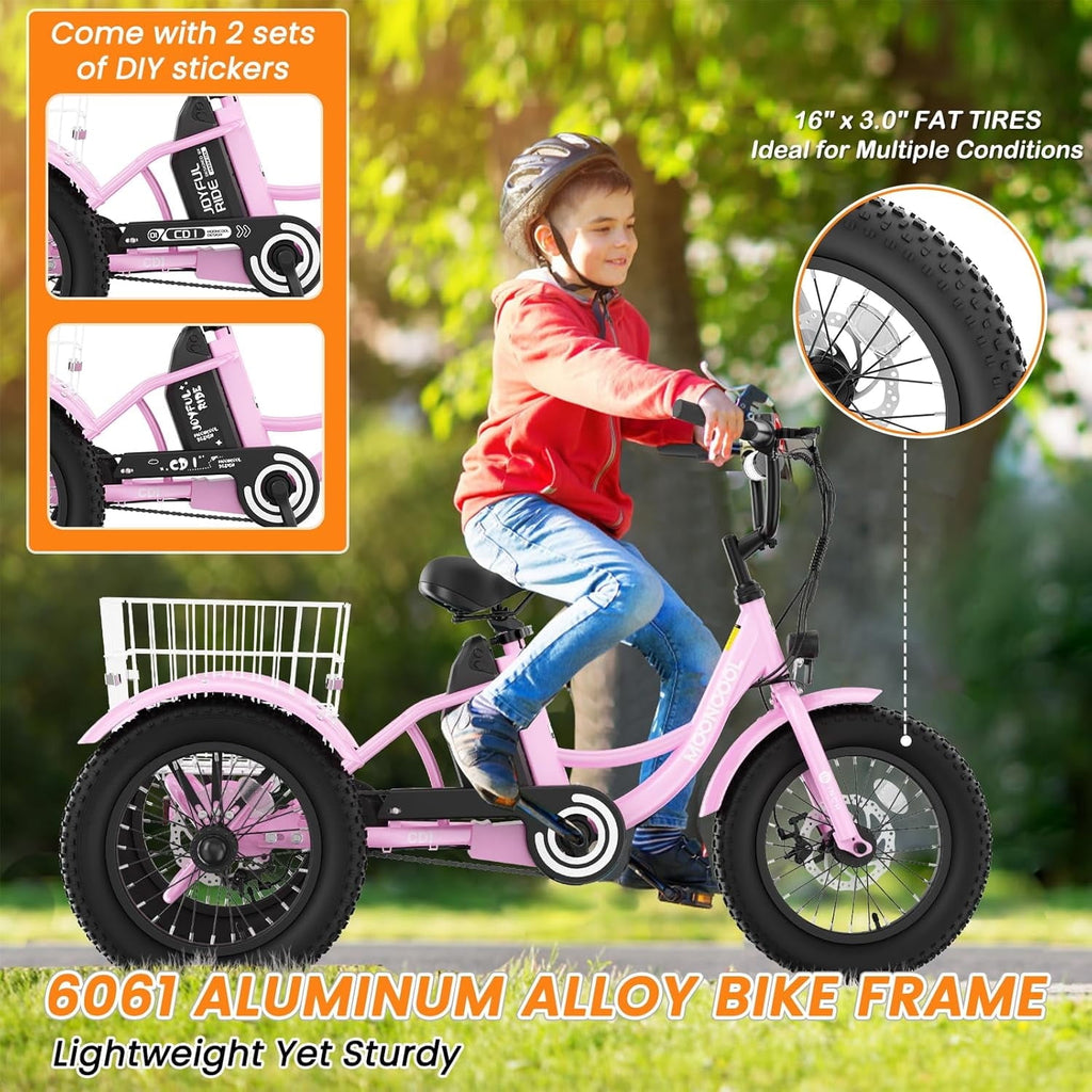 MOONCOOL Electric Tricycle for Kids ,16x3 3 Wheel 250W 10.4Ah Etrike W/ LED headlight & Rear Basket & horn bell & DIY stickers，6/9/12.5 MPH