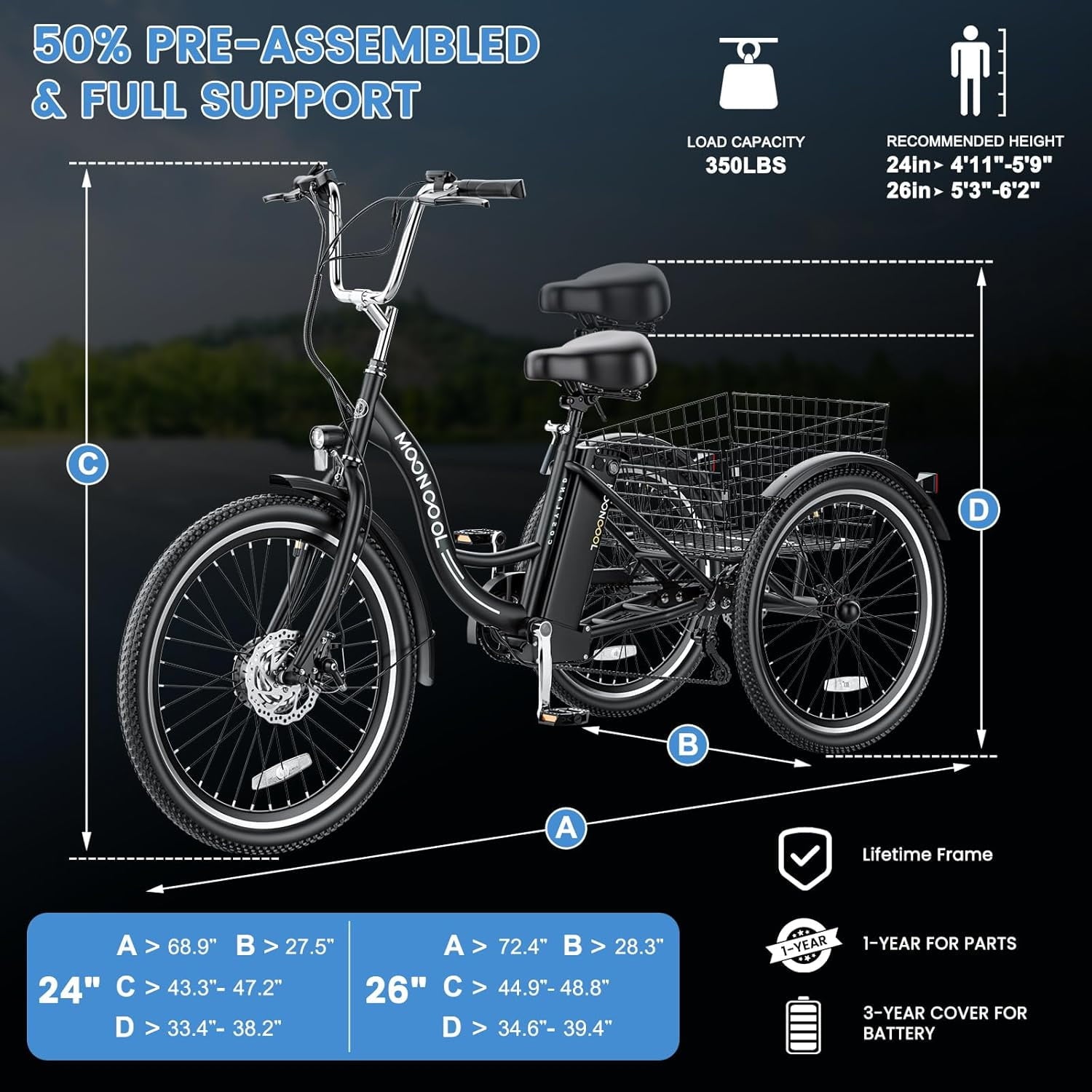 MOONCOOL Electric Trike for Adults w/ Rearview Mirror kit, 700W Peak Motor 10.4Ah battery，24/26 7 Speeds 3 Wheels Low Step Through Unisex Electric Trikes，35-60Miles
