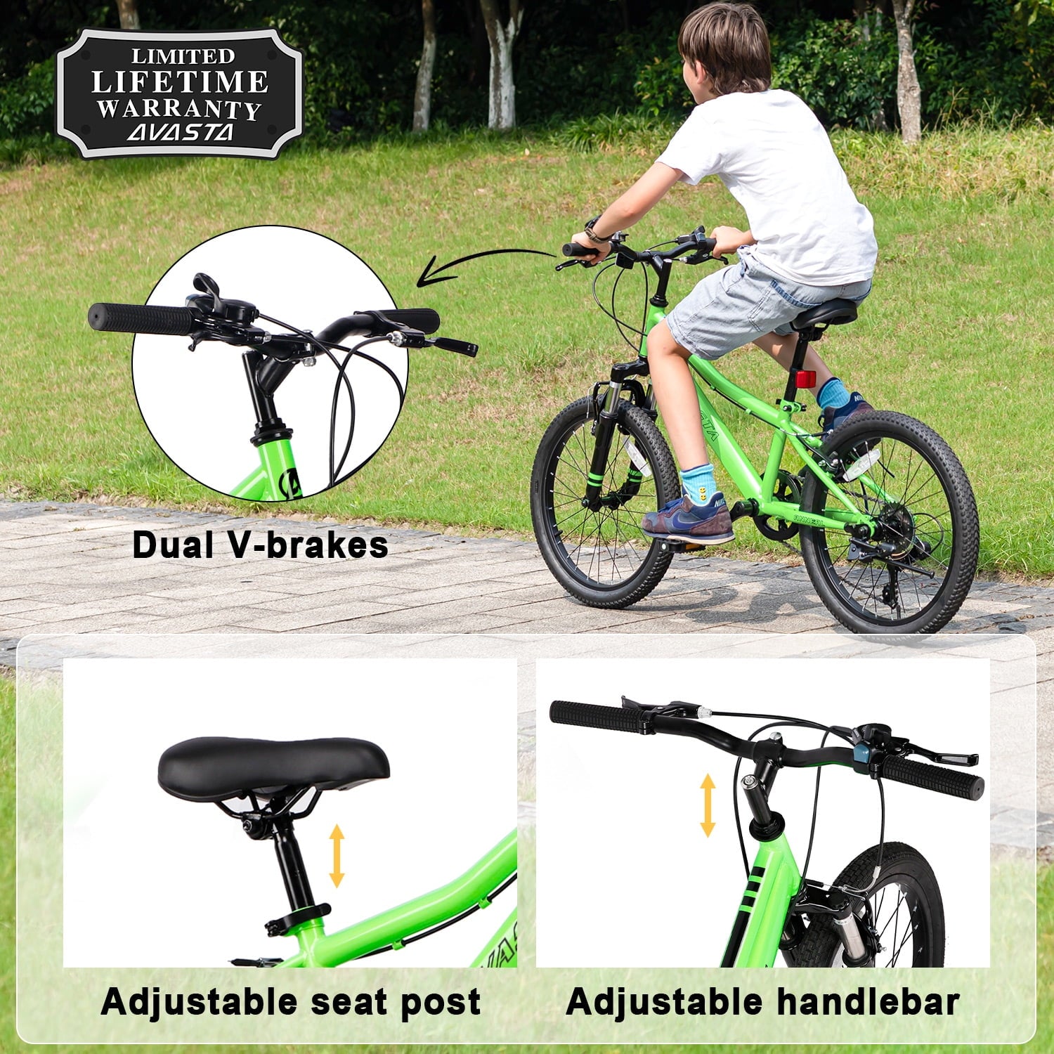 AVASTA 20'' Big Kids Mountain Bike for Age 6 7 8 9 10 11 12 Years Old Boys Girls Teen with Suspension Fork Front & Rear Dual Hand Brakes 6 Speeds Drivetrain, Green