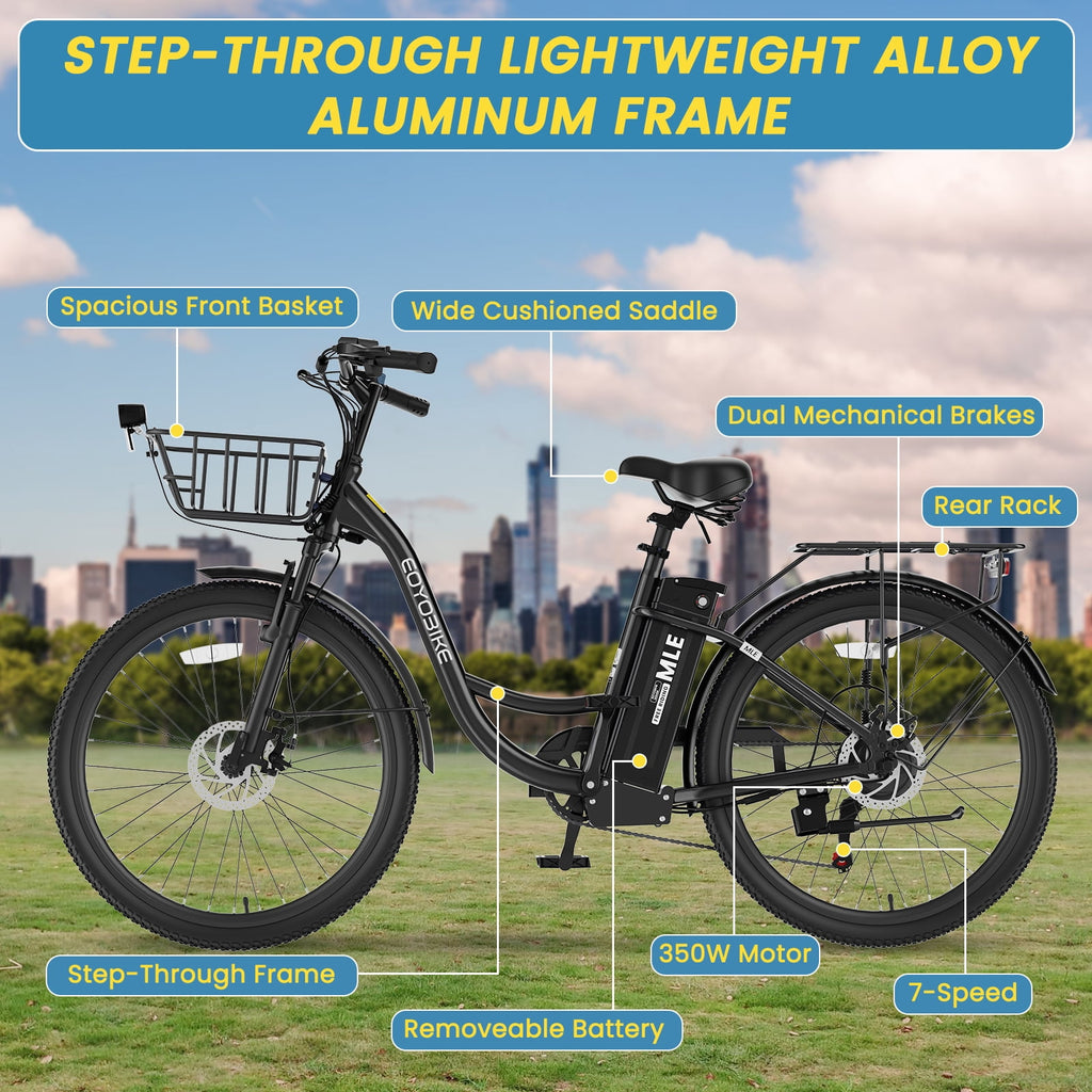 MOONCOOL Electric Bicycle for Adults 350W , 7-Speed Ebike with 36V 10.4Ah Removable Battery， 40 Miles Range , 20 mph Electric Commuter Bike for Women Men