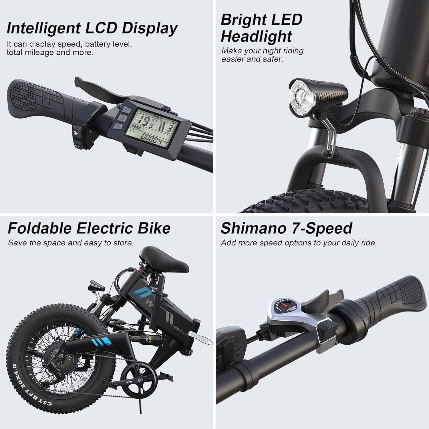 Wooken 20X4.0 Fat Tire Electric Bike for Adults, 500W Foldable Electric Bicycle with 48V 10Ah Built-in Battery, Shimano 7 Speed, Dual Shock Absorber