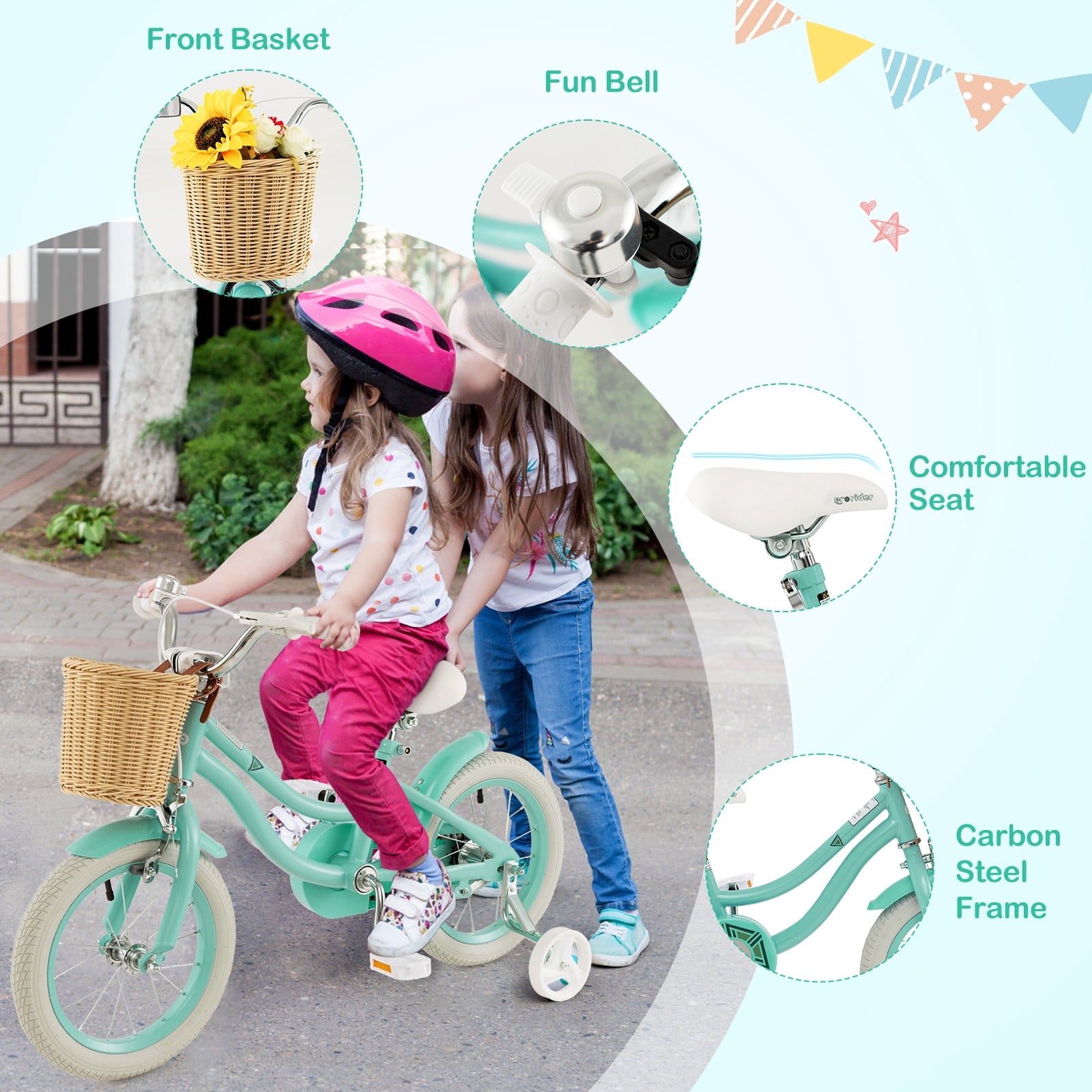 Costway 16 Kid’s Bike with Training Wheels Adjustable Handlebar Seat Handbrake Pink