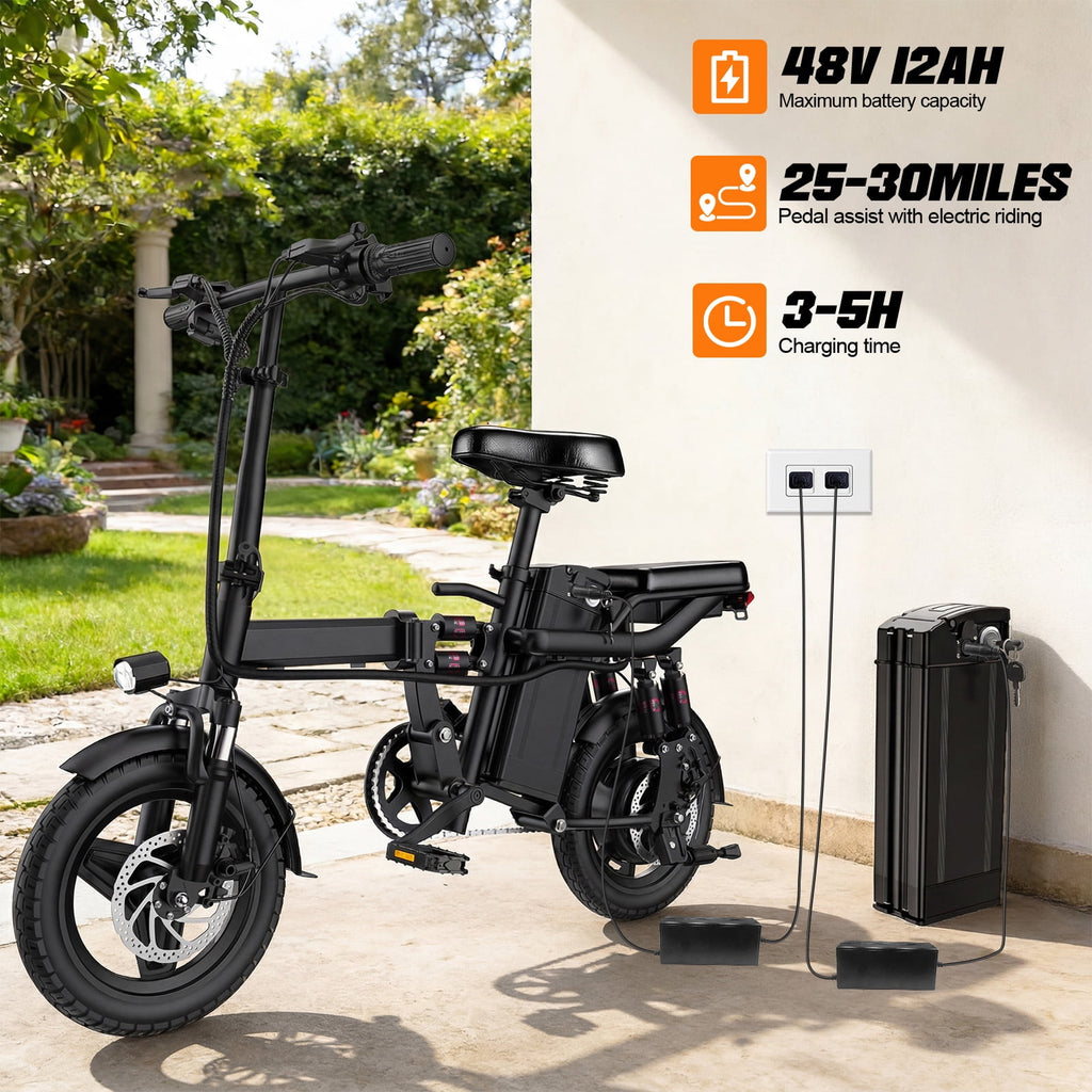 14 Inch Folding Electric Bicycle, 400W Adult Electric Bicycle, 48V 10.4Ah,Top Speed 19.9 Mph, Dual Disc Brake Safety System, 3-Speed Riding, Front Fork With Shock Absorption, Black
