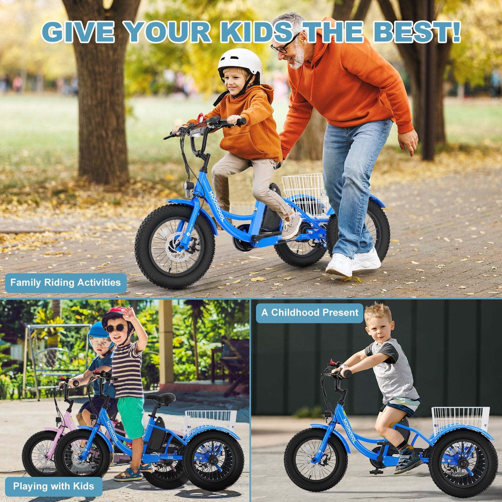 MOONCOOL Electric Tricycle for Kids ,16x3 3 Wheel 250W 10.4Ah Etrike W/ LED headlight & Rear Basket & horn bell & DIY stickers，6/9/12.5 MPH