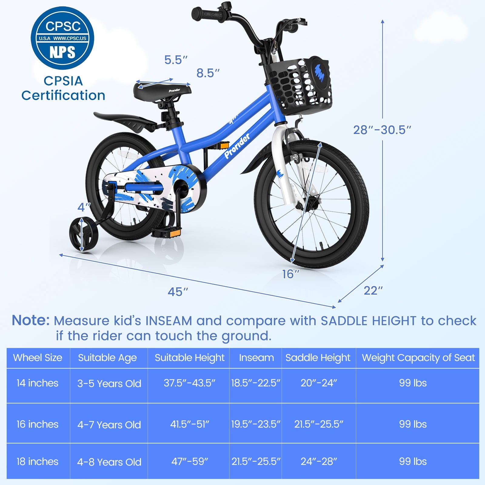 Costway 14'' Kid's Bike with Removable Training Wheels & Basket for 3-5 Years Old White