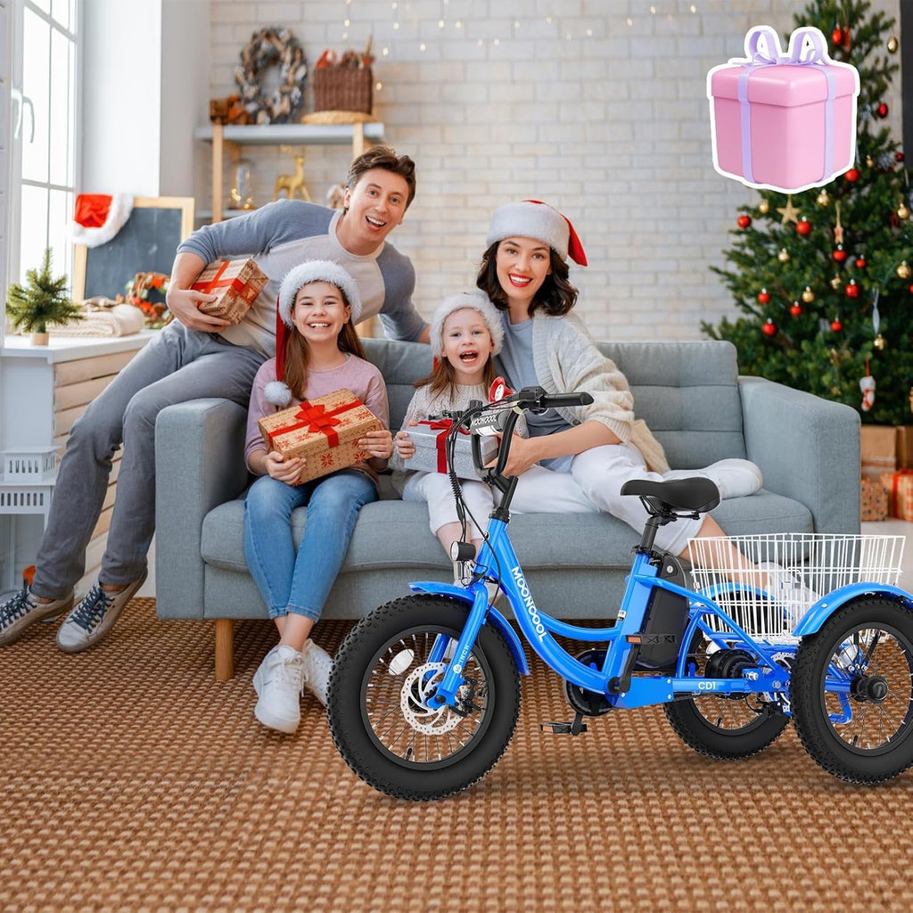 MOONCOOL Electric Tricycle for Kids ,16x3 3 Wheel 250W 10.4Ah Etrike W/ LED headlight & Rear Basket & horn bell & DIY stickers，6/9/12.5 MPH