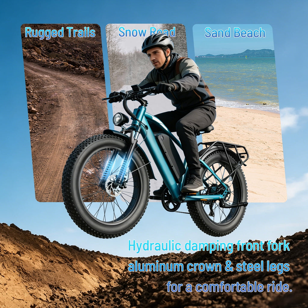 YareYi Electric Bike for Adults 26, 2000W Peak E-Mountain Bicycle, 28MPH Fat Tire Ebike, 48V 15Ah Removable Battery, 7 Speed and Front Suspension with Rear Rack UL2849