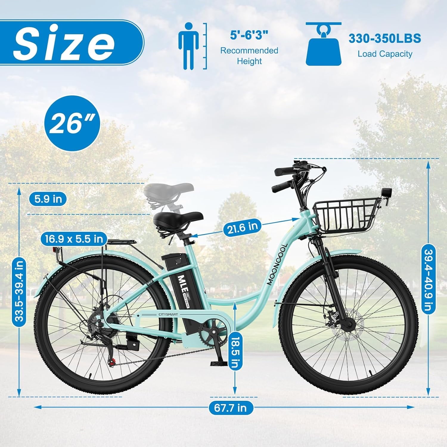 MOONCOOL Electric Bicycle for Adults 350W , 7-Speed Ebike with 36V 10.4Ah Removable Battery， 40 Miles Range , 20 mph Electric Commuter Bike for Women Men