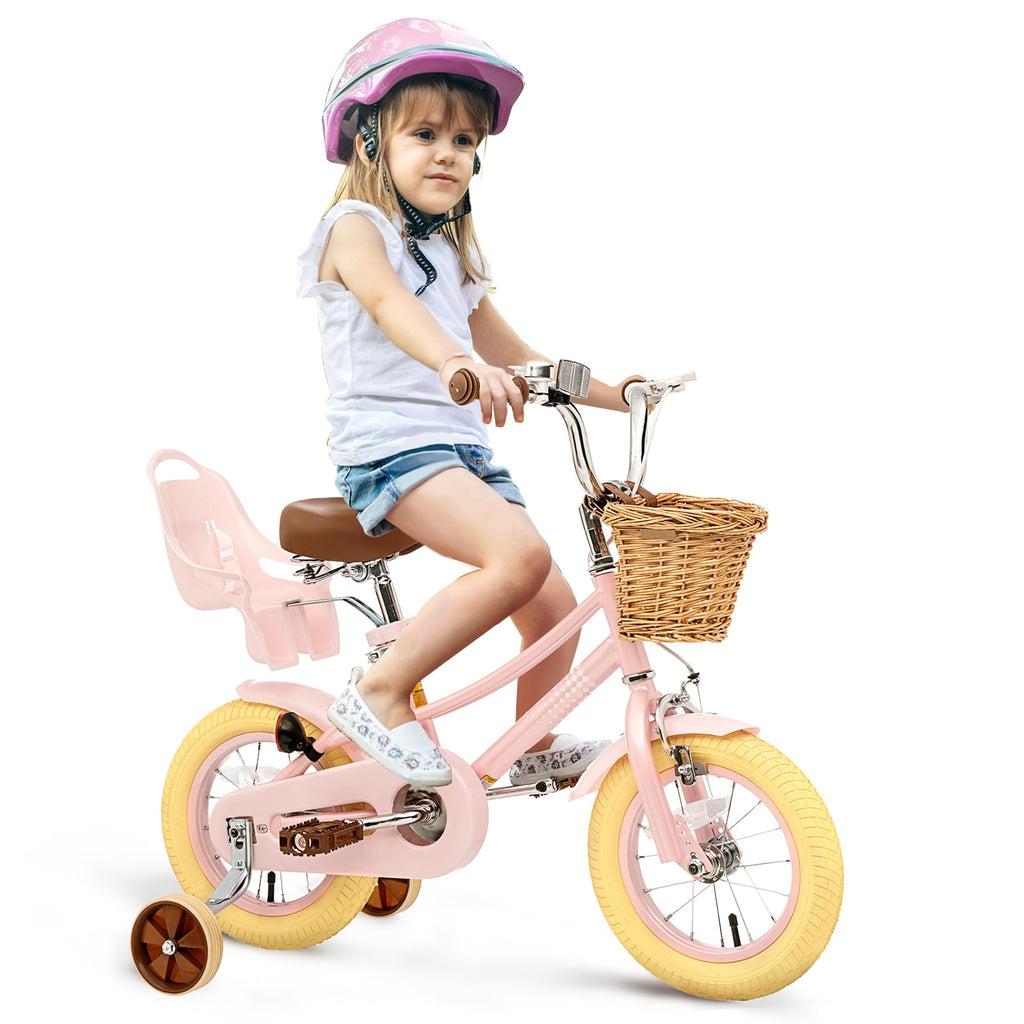 KORIMEFA Girl Bike for Toddlers and Kids Ages 3-6 Years Old, 12 inch Kids Bike with Training Wheels & Basket, 12 in Girl Bicycle with Handbrake & Kickstand