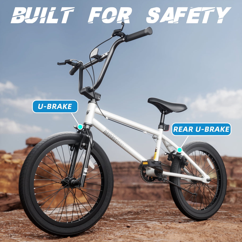 Korimefa Freestyle BMX Bikes, 18 inch Kids Bicycles for 7-12 Years Old Boys Child Tween Teen, with Aluminum Alloy U-Brake, Rear R-Brake, Hand Brake Levers & Front Rear Pedals, White