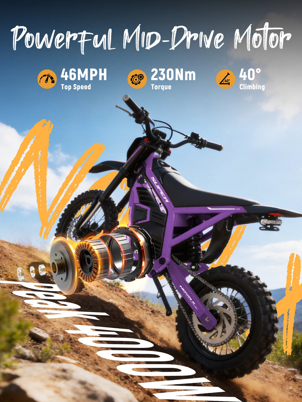 ESKUTE NovaX Electric Dirt Bike for Teens & Adults, 4000W Peak Mid-Drive Motor, 35-46 MPH Off-Road E-Bike, 48V 22.8Ah Battery, 14/12 Wheels, Hydraulic Dual Shock Suspension Orange