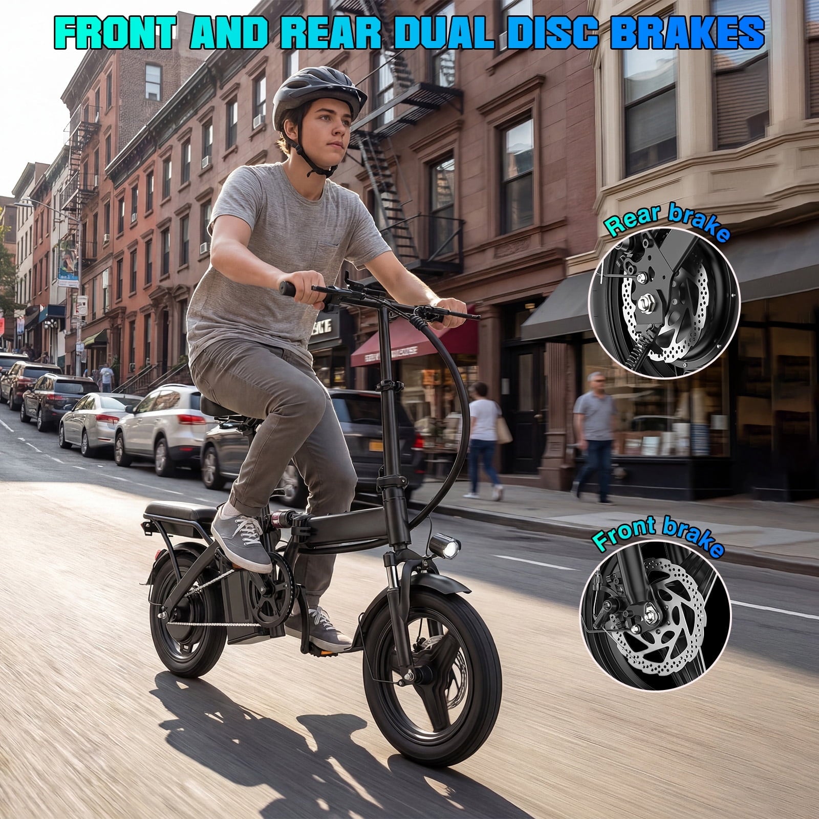 14 Inch Folding Electric Bicycle, 400W Adult Electric Bicycle, 48V 10.4Ah,Top Speed 19.9 Mph, Dual Disc Brake Safety System, 3-Speed Riding, Front Fork With Shock Absorption, Black