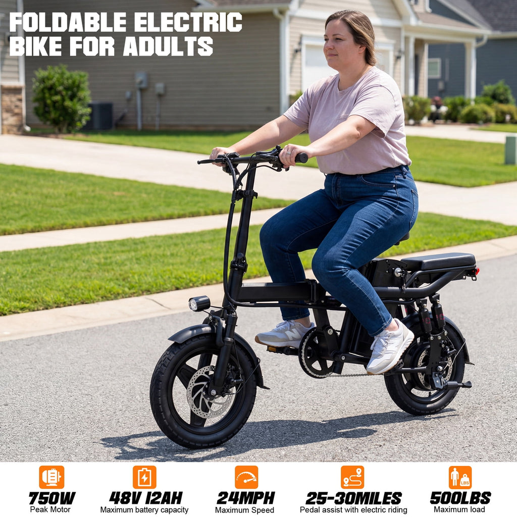 14 Inch Folding Electric Bicycle, 400W Adult Electric Bicycle, 48V 10.4Ah,Top Speed 19.9 Mph, Dual Disc Brake Safety System, 3-Speed Riding, Front Fork With Shock Absorption, Black