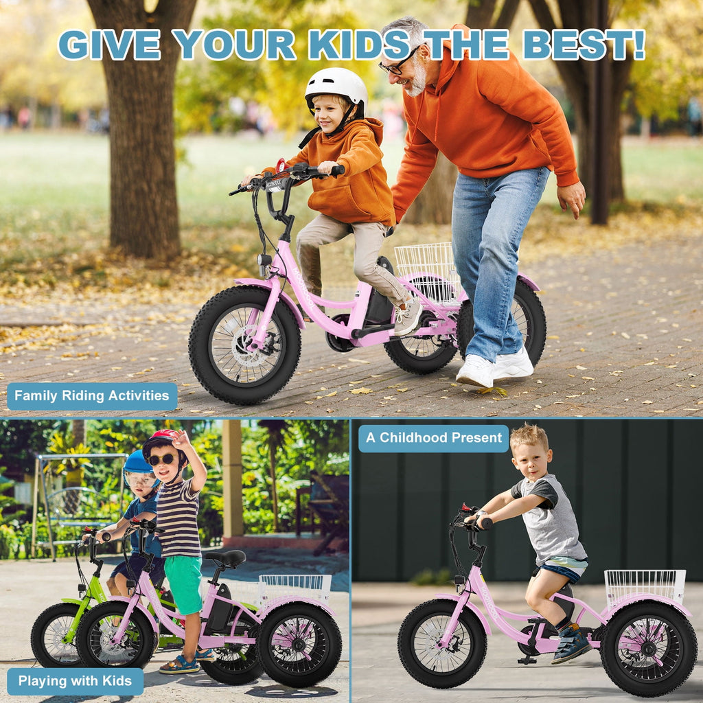 MOONCOOL Electric Tricycle for Kids ,16x3 3 Wheel 250W 10.4Ah Etrike W/ LED headlight & Rear Basket & horn bell & DIY stickers，6/9/12.5 MPH