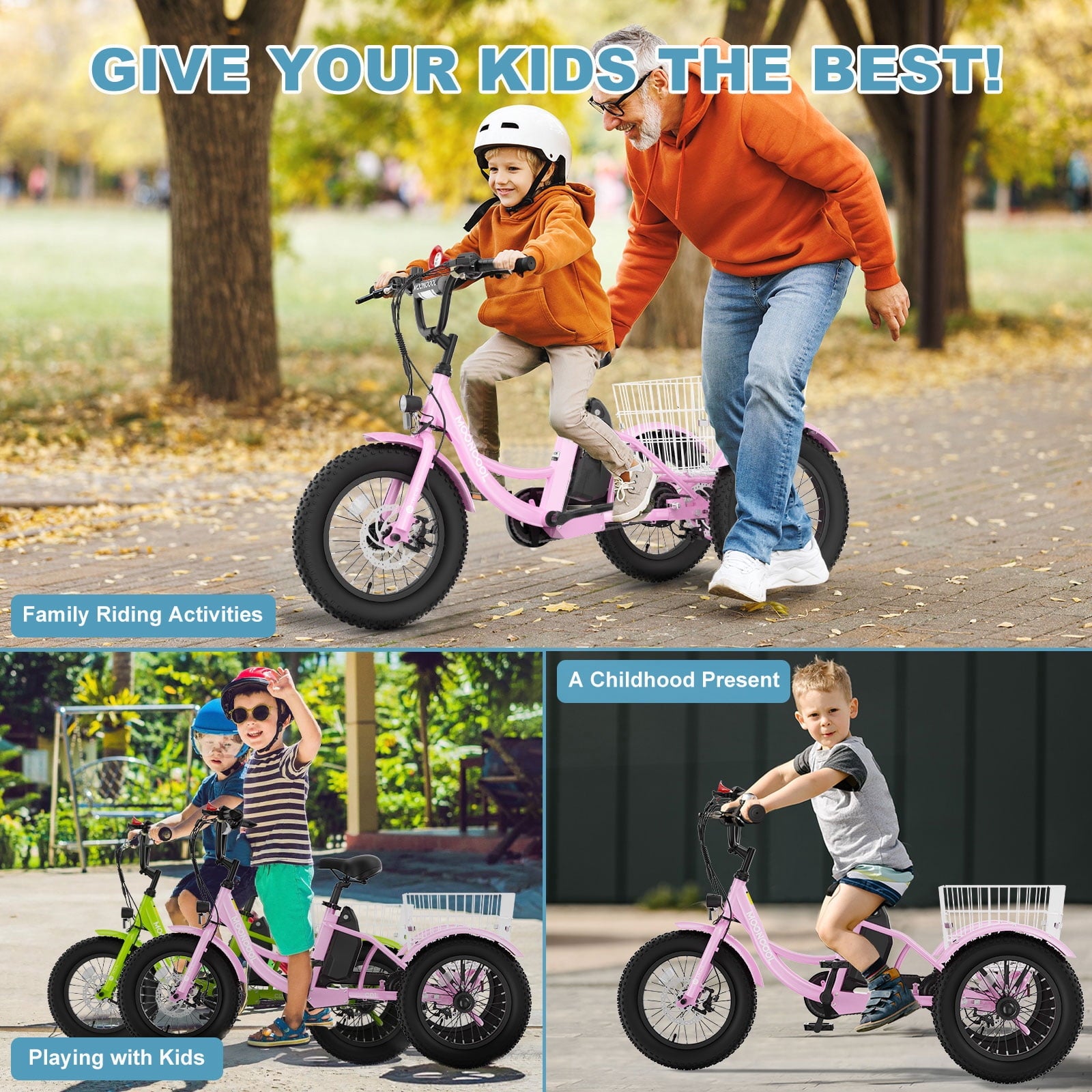 MOONCOOL Electric Tricycle for Kids ,16x3 3 Wheel 250W 10.4Ah Etrike W/ LED headlight & Rear Basket & horn bell & DIY stickers，6/9/12.5 MPH