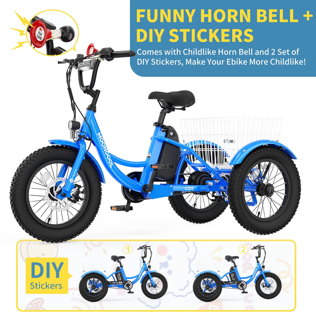 MOONCOOL Electric Tricycle for Kids ,16x3 3 Wheel 250W 10.4Ah Etrike W/ LED headlight & Rear Basket & horn bell & DIY stickers，6/9/12.5 MPH