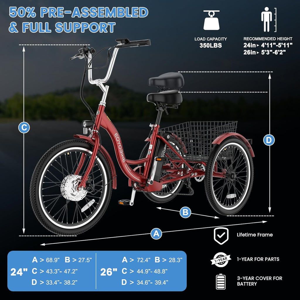 MOONCOOL Electric Trike for Adults w/ Rearview Mirror kit, 700W Peak Motor 10.4Ah battery，24/26 7 Speeds 3 Wheels Low Step Through Unisex Electric Trikes，35-60Miles