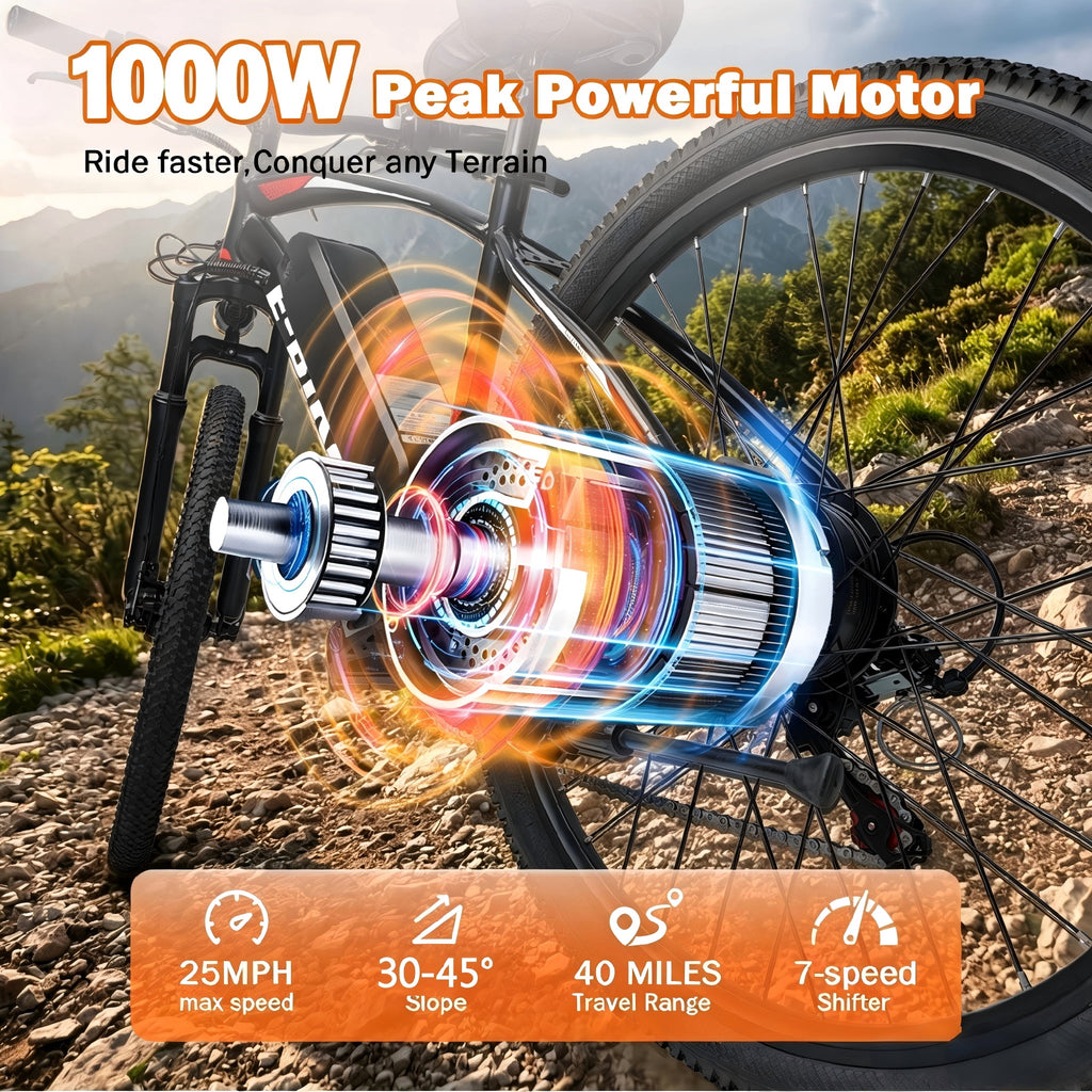 XKJ Electric Bike for Adults with 1000W Brushless Motor,25MPH,Commuting Electric Mountain Bike with 720Wh Removable Battery,7-Speed, 26 Tires, Full Suspension,Lightweight Ebike,40 Miles,UL2849
