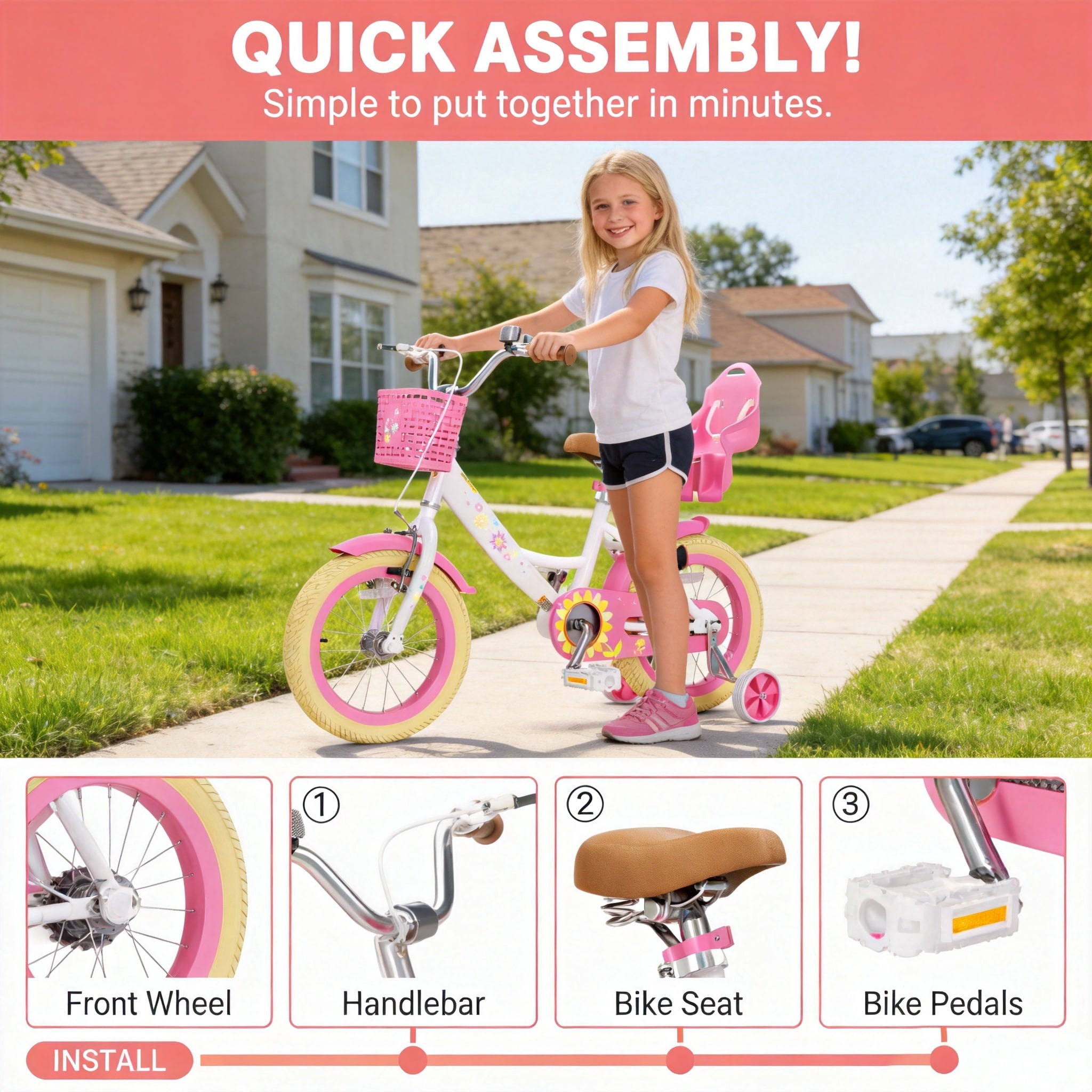 Korimefa Girls Bike for 3-9 Years Old Kids, 12 14 16 inch Kids Bike with Training Wheels, Basket and Doll Seat, Children Bicycles with Handbrake, Pink