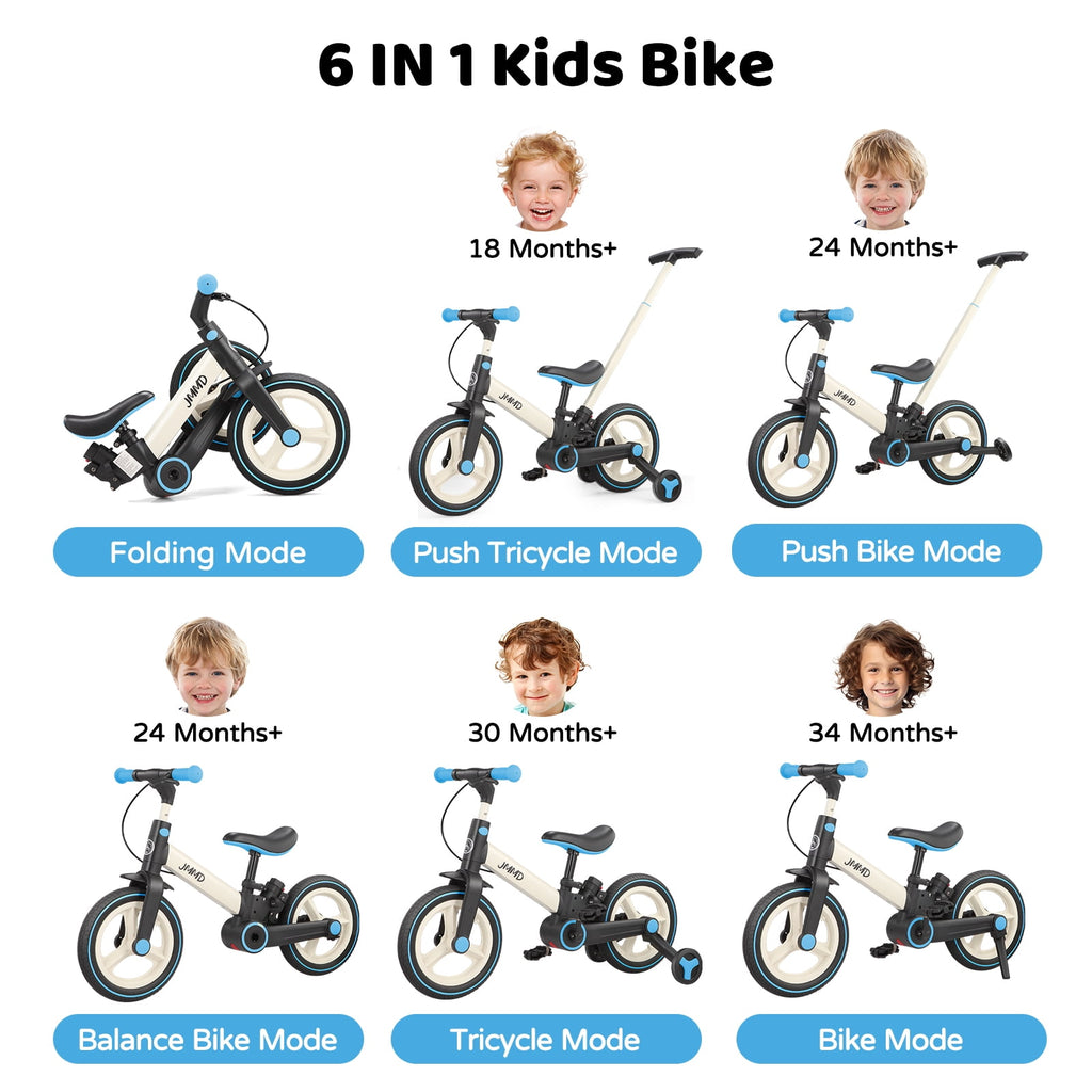 JMMD Toddler Bike with Push Handle for Kid 18-60 Months, 6 in 1 Foldable Tricycle with Training Wheel, Pedals, Kid Balance Bike for Boy & Girl, Black