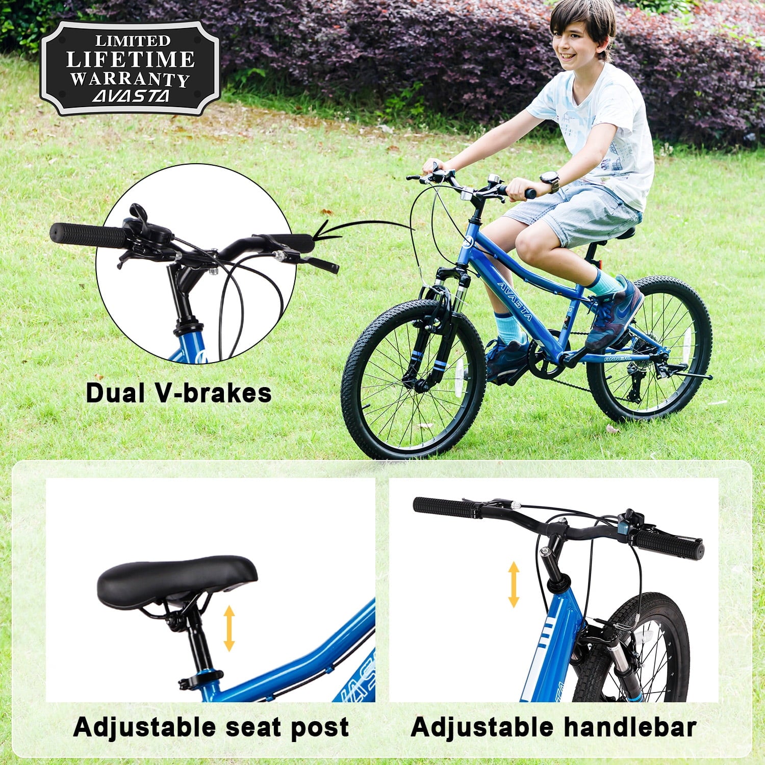 AVASTA 20'' Big Kids Mountain Bike for Age 6 7 8 9 10 11 12 Years Old Boys Girls Teen with Suspension Fork Front & Rear Dual Hand Brakes 6 Speeds Drivetrain, Green