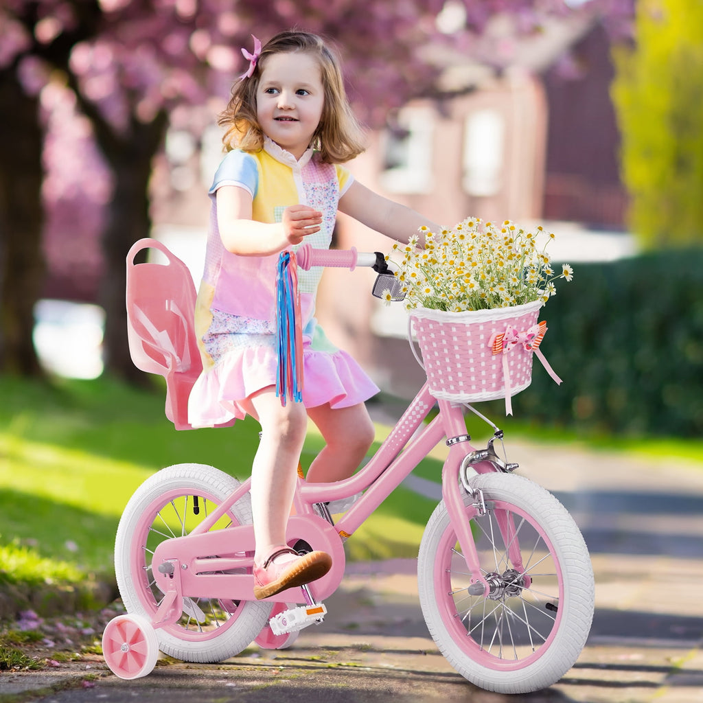 XJD Girls Bike for Toddlers 3-9 Years Old Kids, 16 Inch Kids Bike with Training Wheels, Streamers, Basket and Doll Seat, Children Bicycles with Handbrake