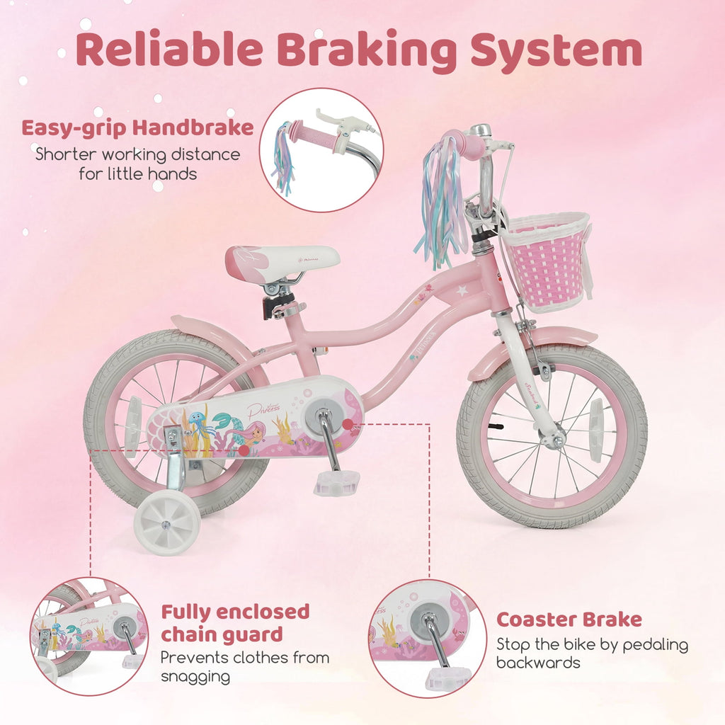 Costway 14 Kids Bike with Training Wheels Hand Coaster Brakes Adjustable Seat Handlebar Pink