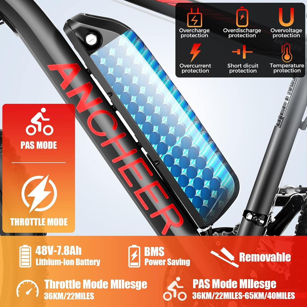 ANCHEER Electric Bike ,26 Electric Bike for Adults Electric Bicycles, 500W Electric Mountain Bike, 48V Commuter Ebike 48V Battery Ebike UL 2849, Lockable Suspension Fork, Shimano 21 Speed