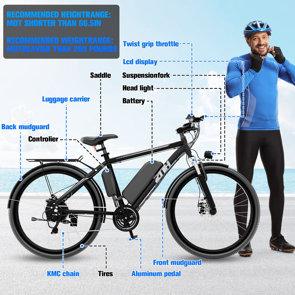 ZNH 1000w Peak Electric Bike for Adults – Electric Mountain Bike w 52V 13Ah Removable Battery ,26 off-road Ebike, Shimano 21-Speed, UL 2849，Black