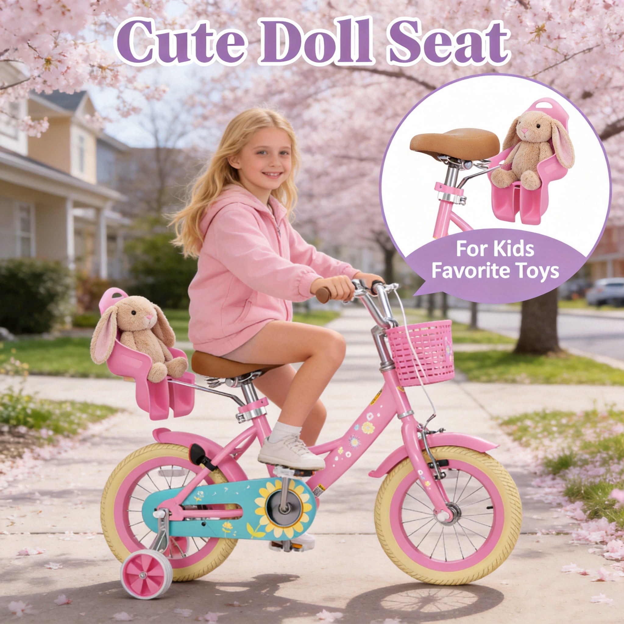 KORIMEFA Bikes for Girls 3-6 Years Old Toddlers, 12 inch Girls Bike with Training Wheels, Basket and Doll Seat, Children Bicycles with Handbrake, White