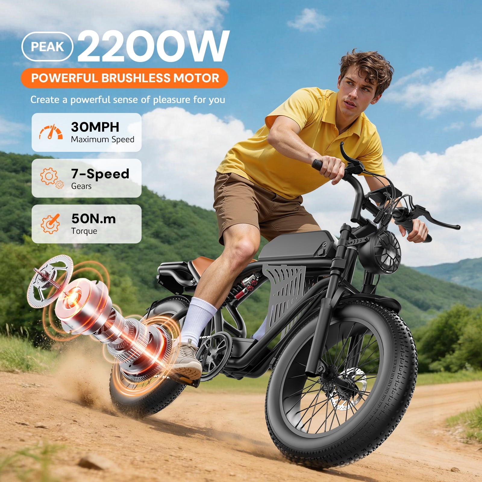 ASKGO Electric Bike for Adult, 2200W Peak Electric Dirt Bike, 100 Miles, 7 Speed Electric Motorcycle, 48V Removable Battery, 20 Fat Tire Off Road Ebike, Full Suspension Ebike for Snow/Beach/Mountain