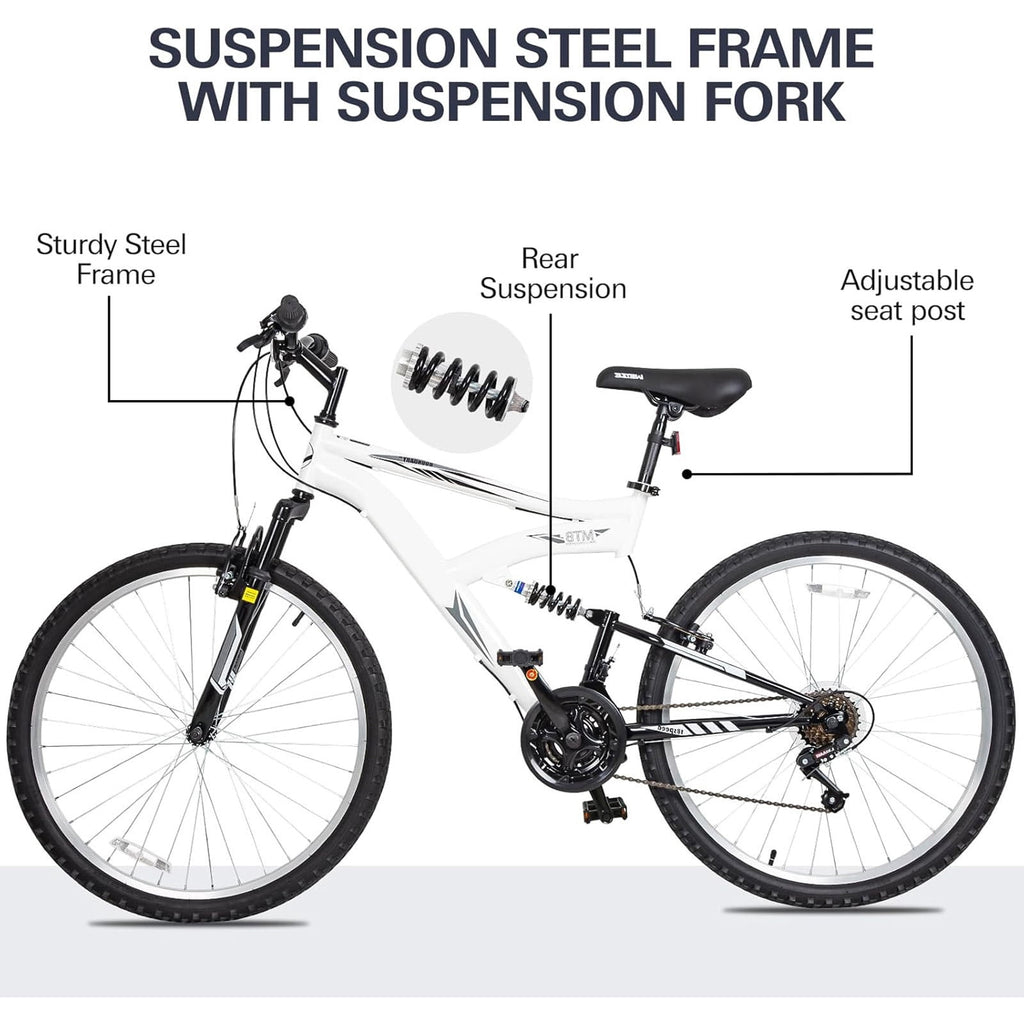 Hykolity 26 in Mountain Bike Sport Bicycle, 18 Speed Mtb Cycling for Adult Men Women Age 14+, Dual Full Suspension Outdoor Sport Bikes, White