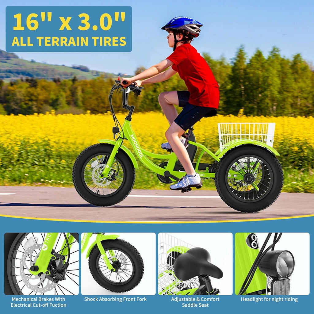 MOONCOOL Electric Tricycle for Kids ,16x3 3 Wheel 250W 10.4Ah Etrike W/ LED headlight & Rear Basket & horn bell & DIY stickers，6/9/12.5 MPH
