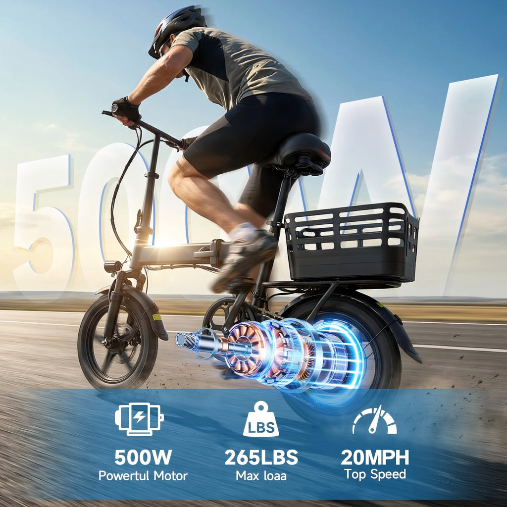 XKJ Electric Bike for Adults, Ebike, Electric Bicycle with 48V 12AH Battery,14 Folding Ebike for Teens, 21MPH,20+ Miles(MAX),500W Motor,Multi-Shock Absorption,Mini E Bikes with Baskets,UL2849