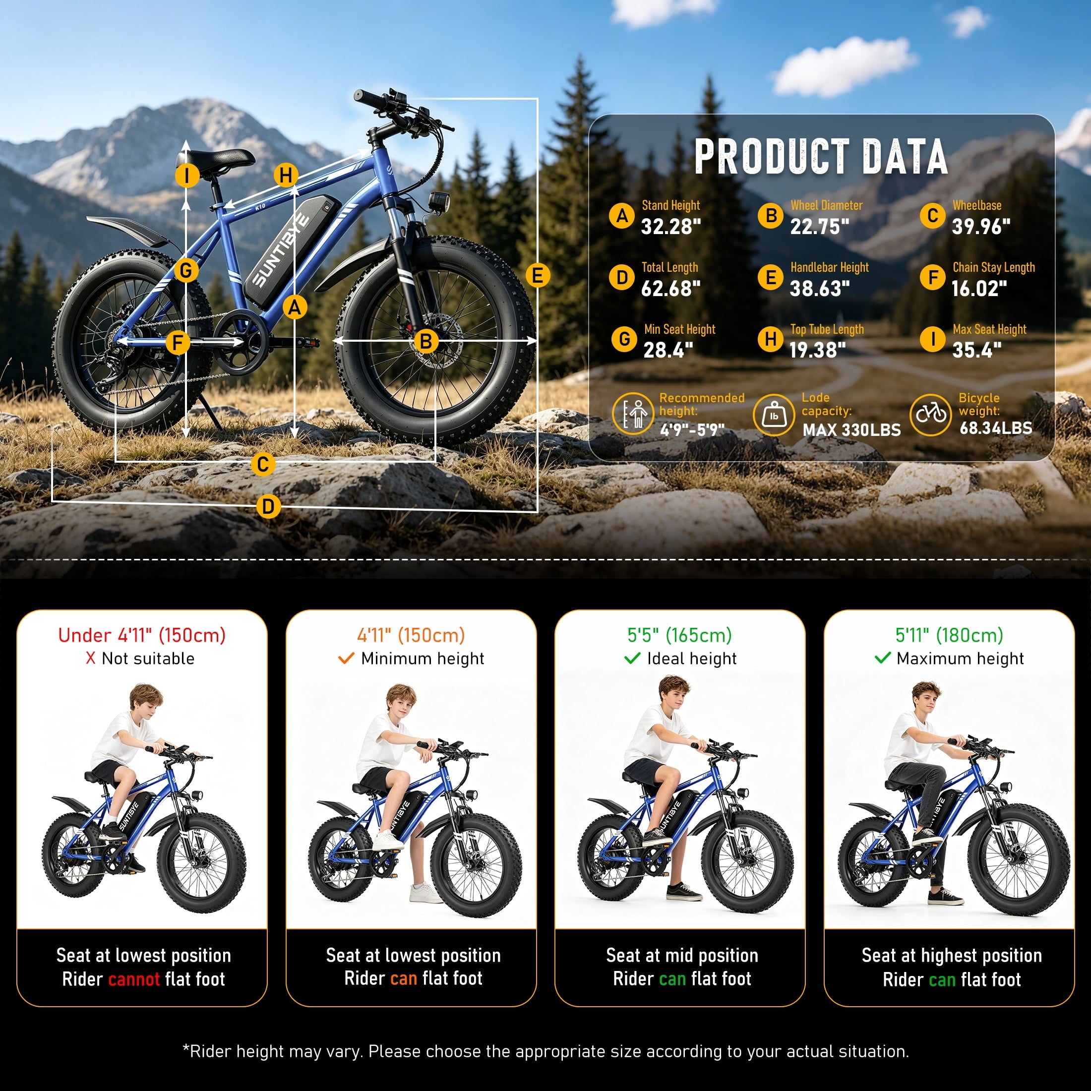 SUNTIBYE K10 Electric Bike 1000W, 48V 15Ah, 20 Fat Tire Ebike, 28MPH, E-Mountain Bike UL2849,Black