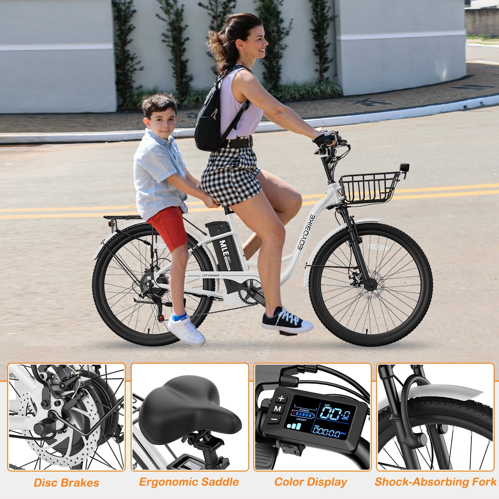 MOONCOOL Electric Bicycle for Adults 350W , 7-Speed Ebike with 36V 10.4Ah Removable Battery， 40 Miles Range , 20 mph Electric Commuter Bike for Women Men
