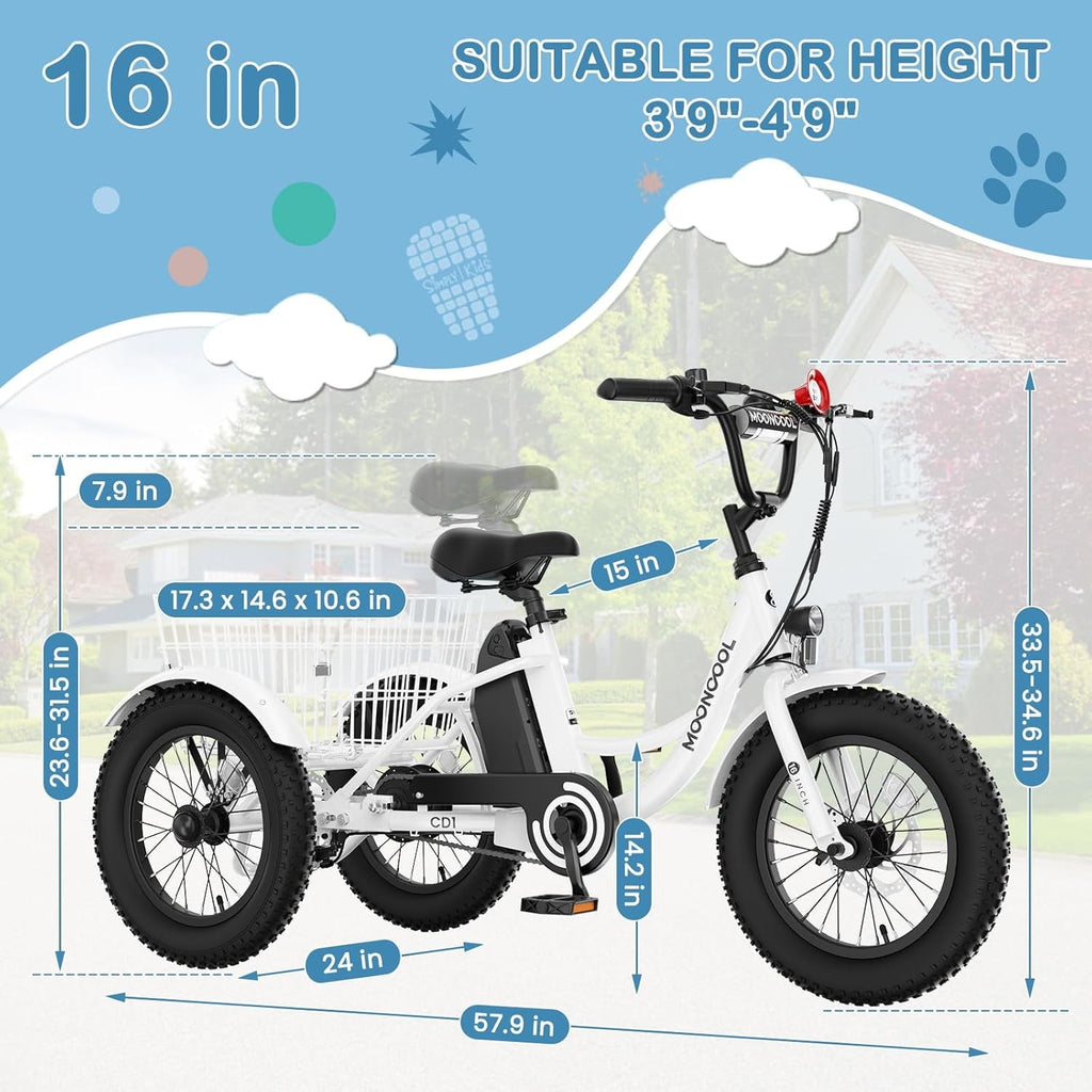 MOONCOOL Electric Tricycle for Kids ,16x3 3 Wheel 250W 10.4Ah Etrike W/ LED headlight & Rear Basket & horn bell & DIY stickers，6/9/12.5 MPH