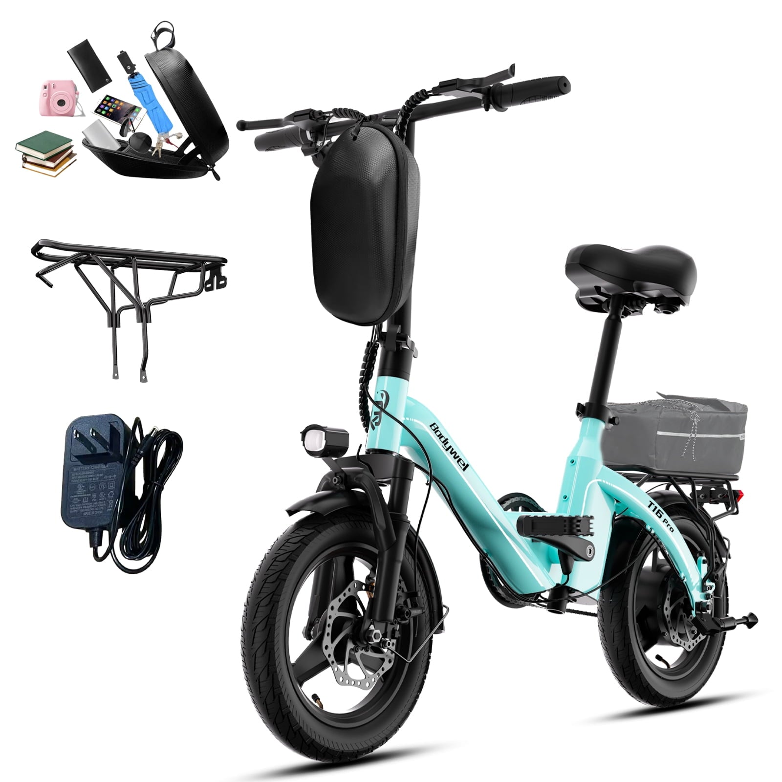 Bodywel Foldable Electric Bike for Adults and Teens, 14 Electric Bicycle with Peak 500W Motor, 36V 10Ah Battery, Commuting Mini Ebike, E Bike, UL2849