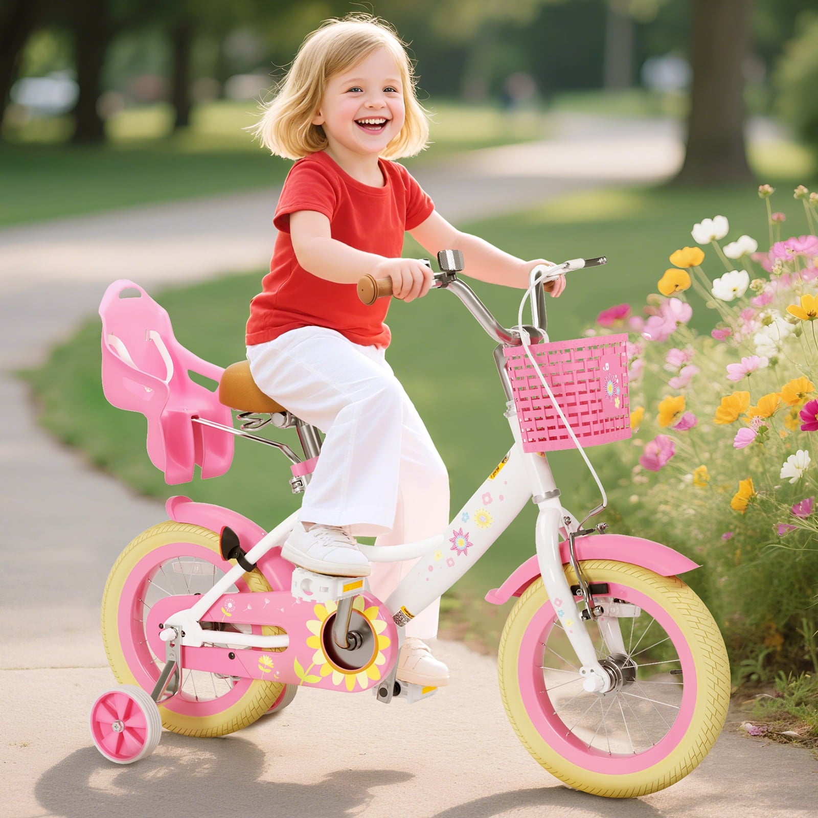 XJD 12 inch Kids Girls Bike for Ages 2-4 Years Child With Training Wheel 12 Children Bicycle With Handbrake Basket Toddler Cycle Bikes Pink