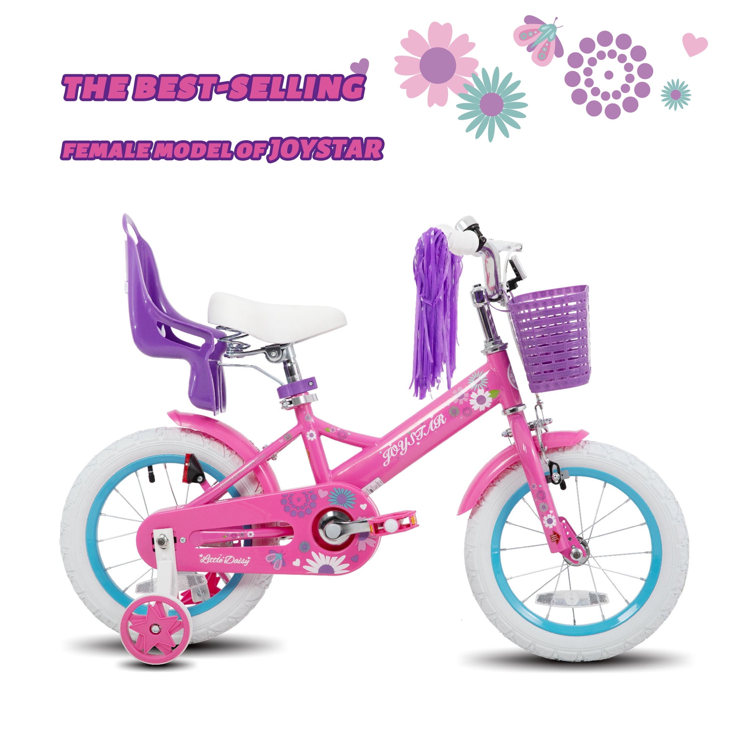 JOYSTAR Little Daisy 14 Inch Kids Bike for 3 4 5 Years Girls with Handbrake Children Princess Bicycle with Training Wheels Basket Streamer Toddler Cycle Bikes Blue