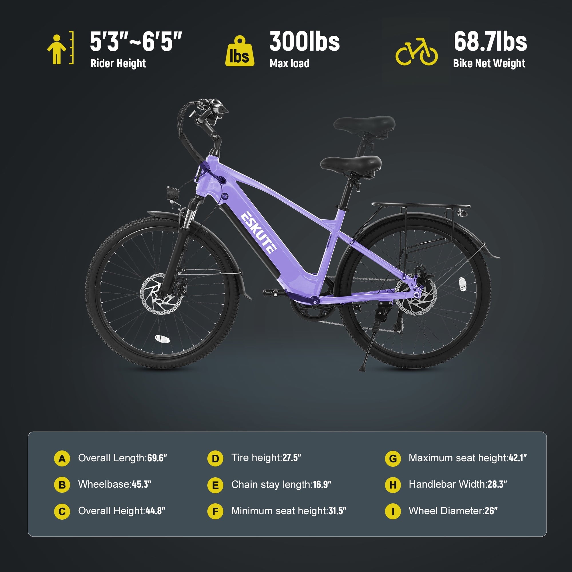 ESKUTE C200 70-Mile Electric Bike for Adults with 840Wh Removable Battery, 1300W Peak Power Ebike, Up to 28MPH Speed, 26 Tires, 7-Speed Adjustable Stem Step-Over E-Bicycle,Orange, UL2849