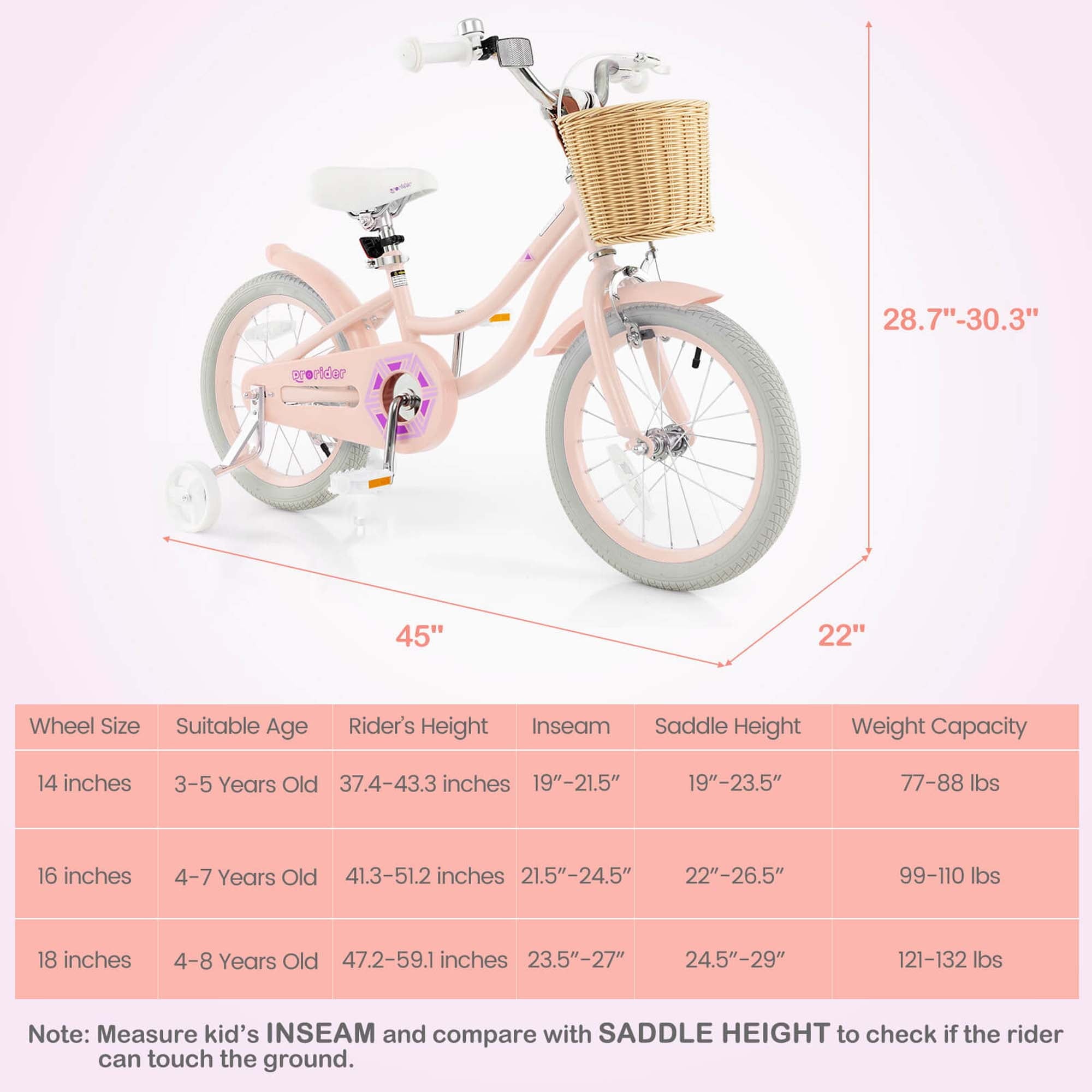 Costway 16 Kid’s Bike with Training Wheels Adjustable Handlebar Seat Handbrake Pink