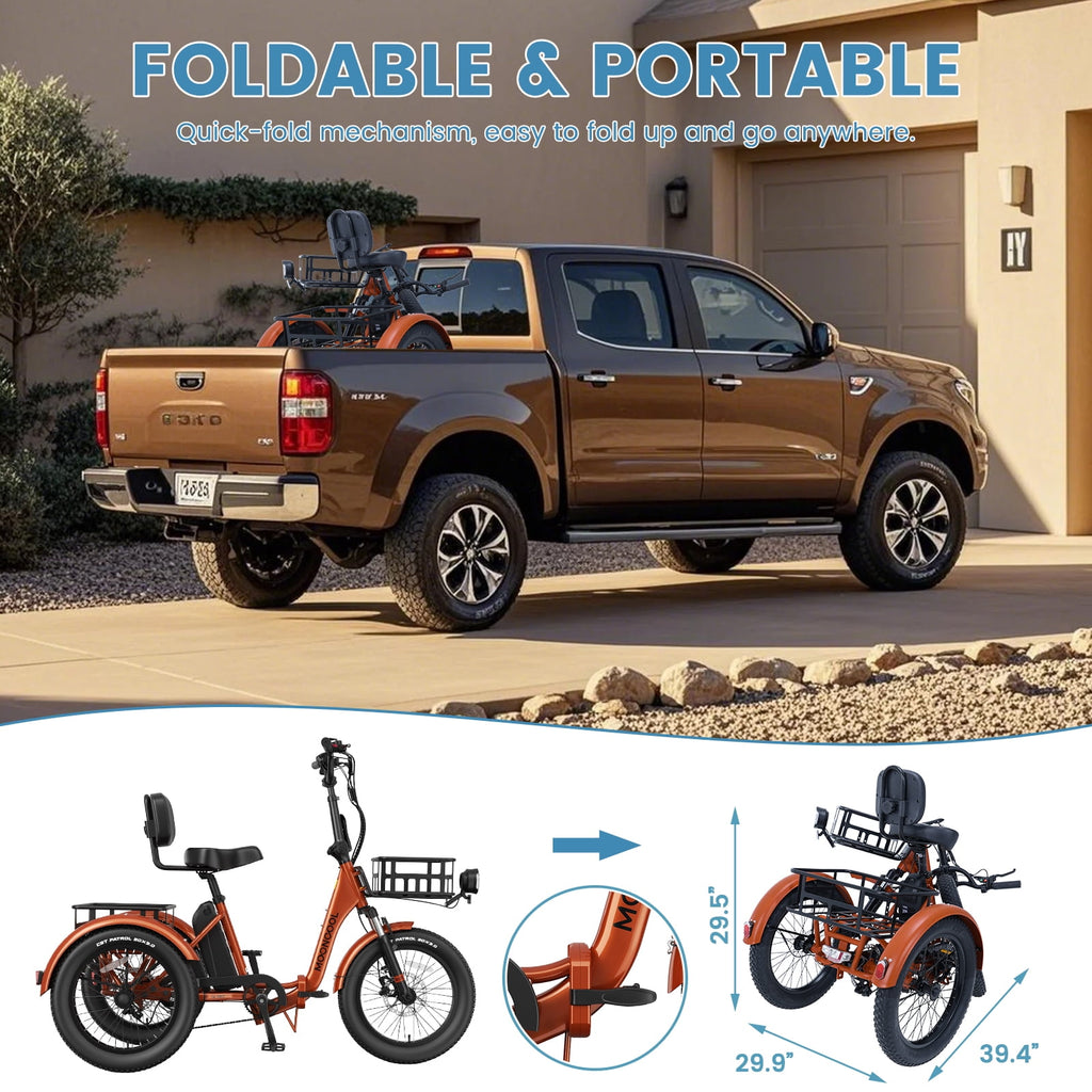 MOONCOOL TK Pro Foldable Electric Tricycle W/ Rearview mirror accessory Kit, 1500W Motor 48V 20Ah Battery, 20 Fat Tire Three Wheel 6-Speed Electric Mountain Bicycle for Adults