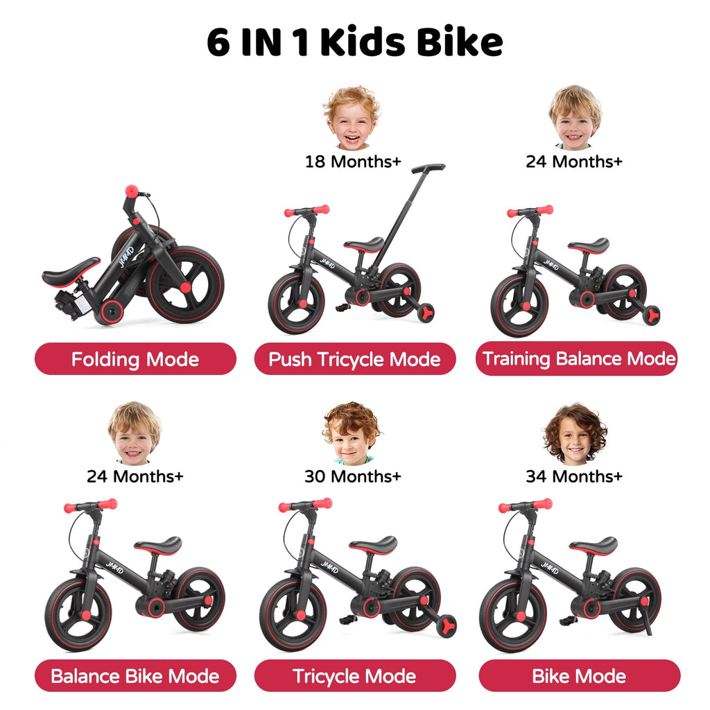 JMMD Toddler Bike with Push Handle for Kid 18-60 Months, 6 in 1 Foldable Tricycle with Training Wheel, Pedals, Kid Balance Bike for Boy & Girl, Black